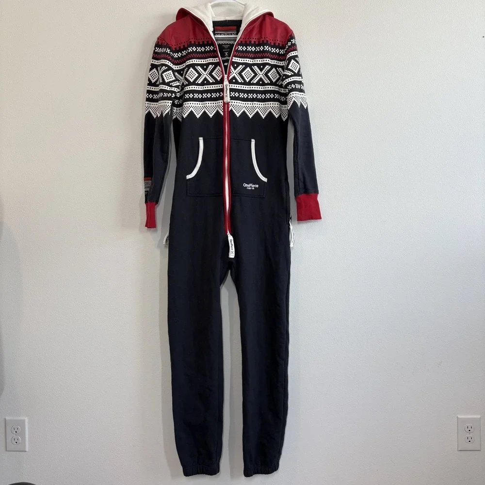 OnePiece Marius Jump In Grey Navy Nordic Fair Isle Hooded Jumpsuit Small Lounge